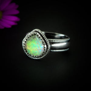 Rose Cut Clear Quartz & Monarch Opal Ring - Size 8 - Sterling Silver - Rainbow Opal Jewellery - Thick Floral Ring Band Rainbow Crystal