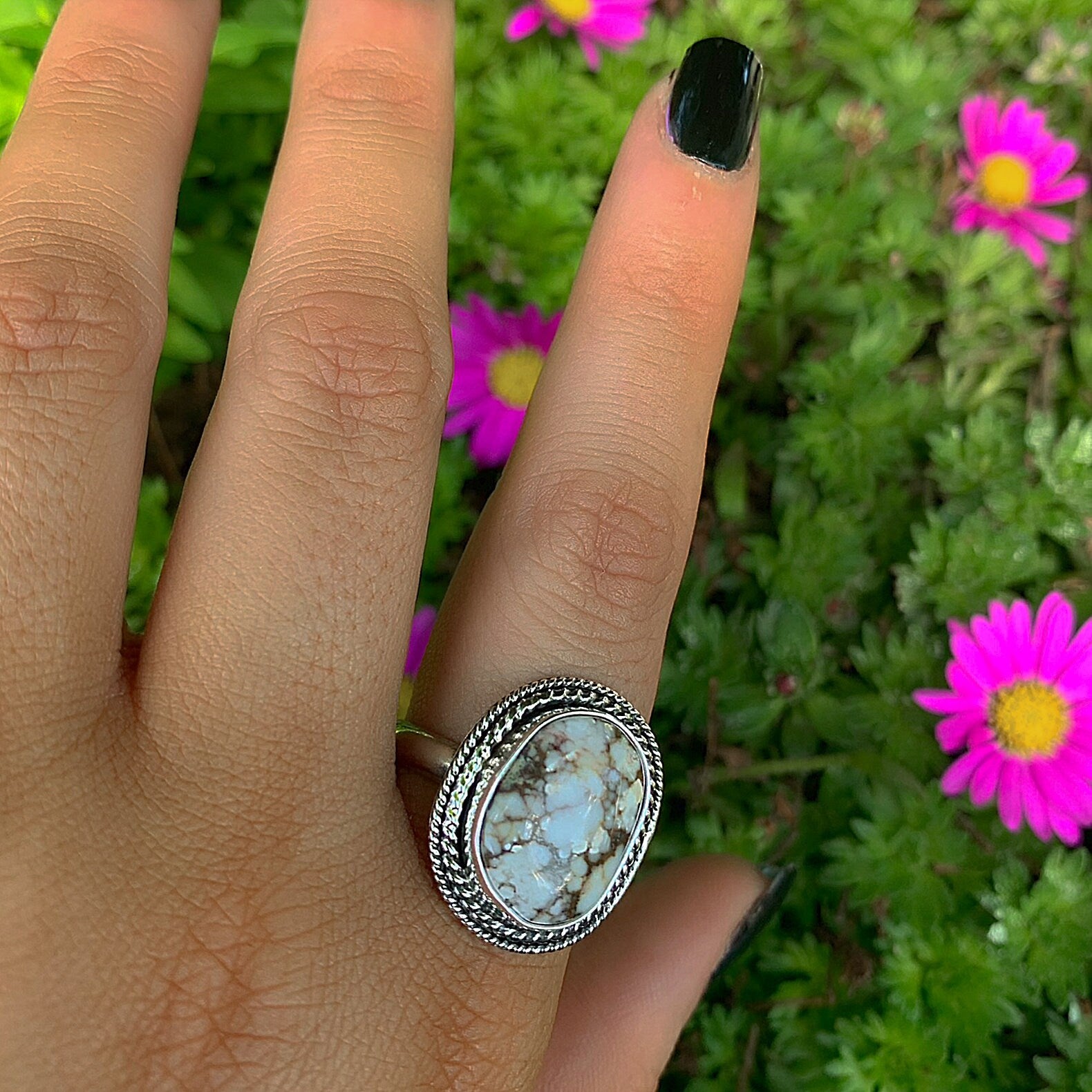 Wild Horse Magnesite Ring - Size 10 - Sterling Silver - Sacred Buffalo Ring - Artisan Jewellry - Handcrafted Statement Ring, White Turquoise