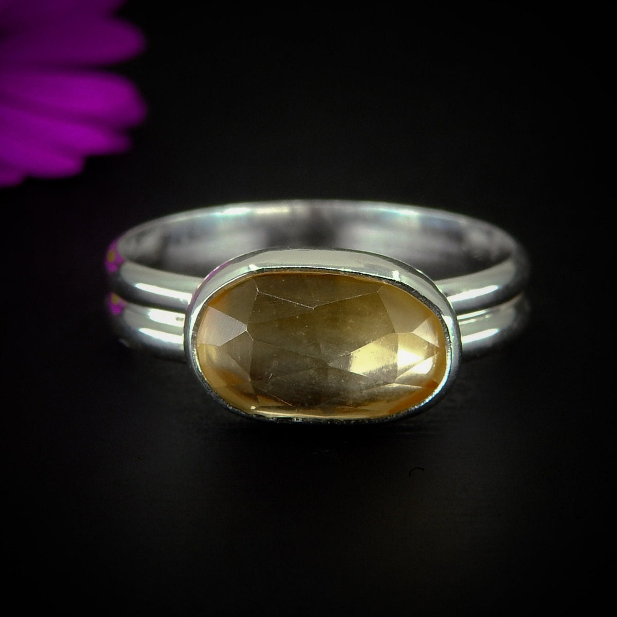 Rose Cut Citrine Ring - Size 9 1/2 - Sterling Silver - Faceted Citrine Jewelry - Dainty Citrine Jewellery - Yellow Citrine Thick Band Ring