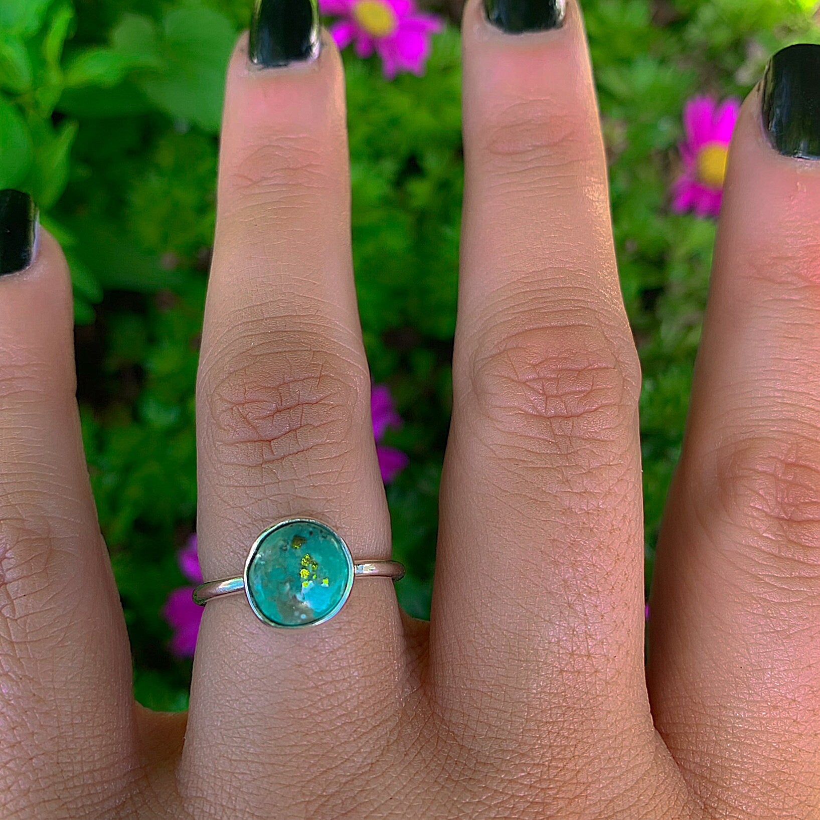 Nacozari Turquoise Ring - Size 6 - Sterling Silver - Teal Turquoise Jewellery - Rare Turquoise Jewelry - Dainty Unique Pyrite Turquoise Ring